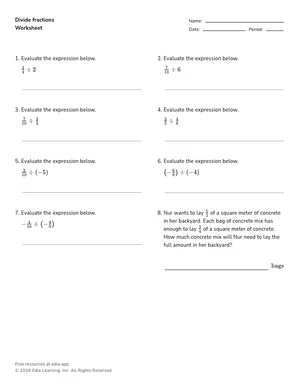 Divide fractions worksheet preview