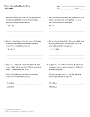 Divide integers to obtain fractions worksheet preview