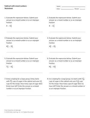 Subtract with mixed numbers worksheet preview