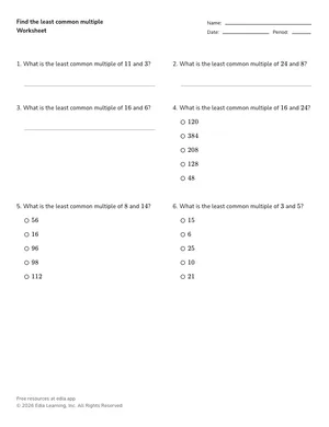 Find the least common multiple worksheet preview