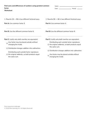 Find sums and differences of numbers using greatest common factor worksheet preview