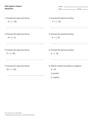 Add negative integers worksheet preview