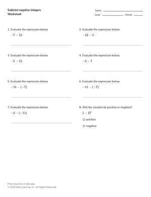 Subtract negative integers worksheet preview