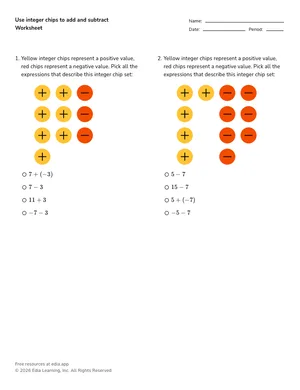 Use integer chips to add and subtract worksheet preview