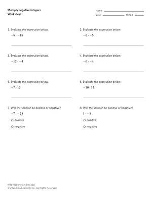 Multiply negative integers worksheet preview