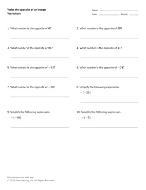 Write the opposite of an integer worksheet preview