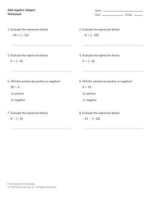 Add negative integers worksheet preview