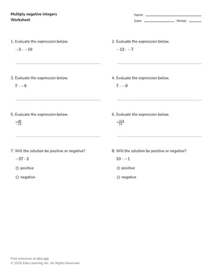 Multiply negative integers worksheet preview