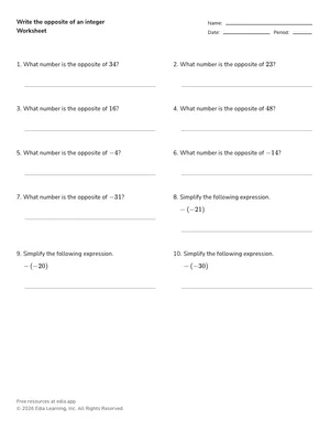 Write the opposite of an integer worksheet preview