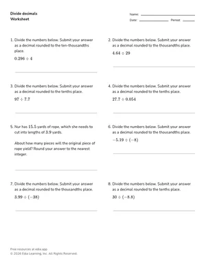 Divide decimals worksheet preview