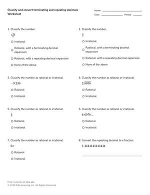 Classify and convert terminating and repeating decimals worksheet preview