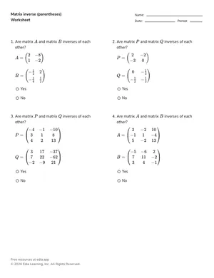 Matrix inverse (parentheses) worksheet preview