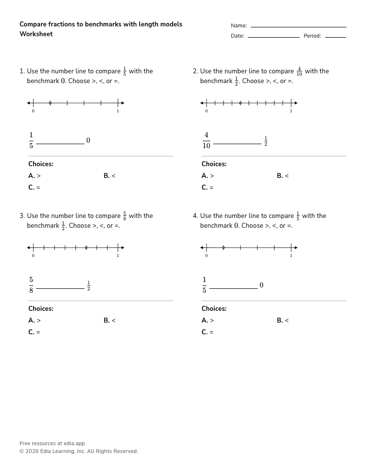 Compare fractions to benchmarks with length models Worksheet · Grades 3 ...