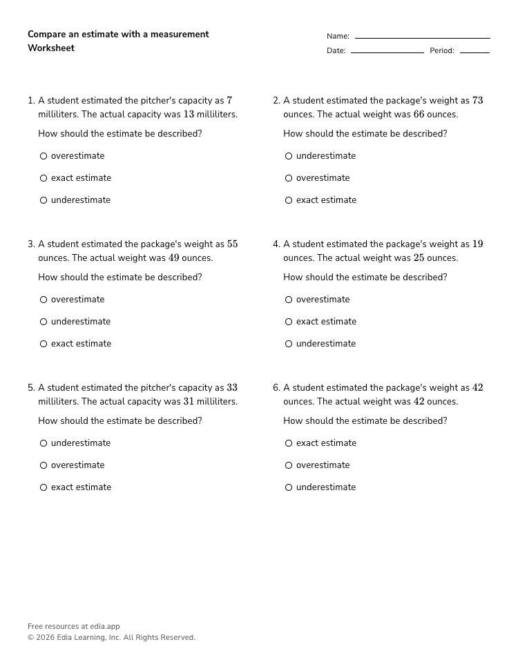 Compare an estimate with a measurement Worksheet · Grades 3-5 · Edia