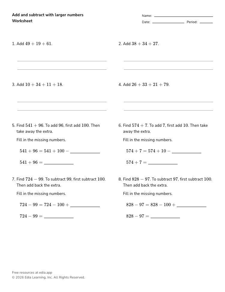 Add and subtract with larger numbers Worksheet · Grades K-2 · Edia