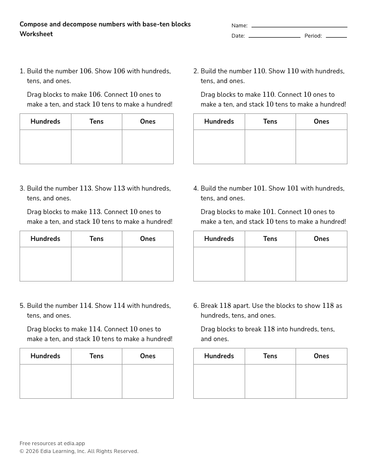 Compose and decompose numbers with base-ten blocks Worksheet · Grades K ...