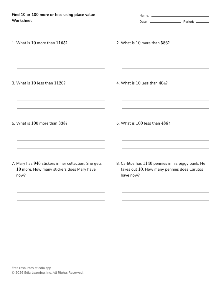 Find 10 or 100 more or less using place value Worksheet · Grades K-2 · Edia