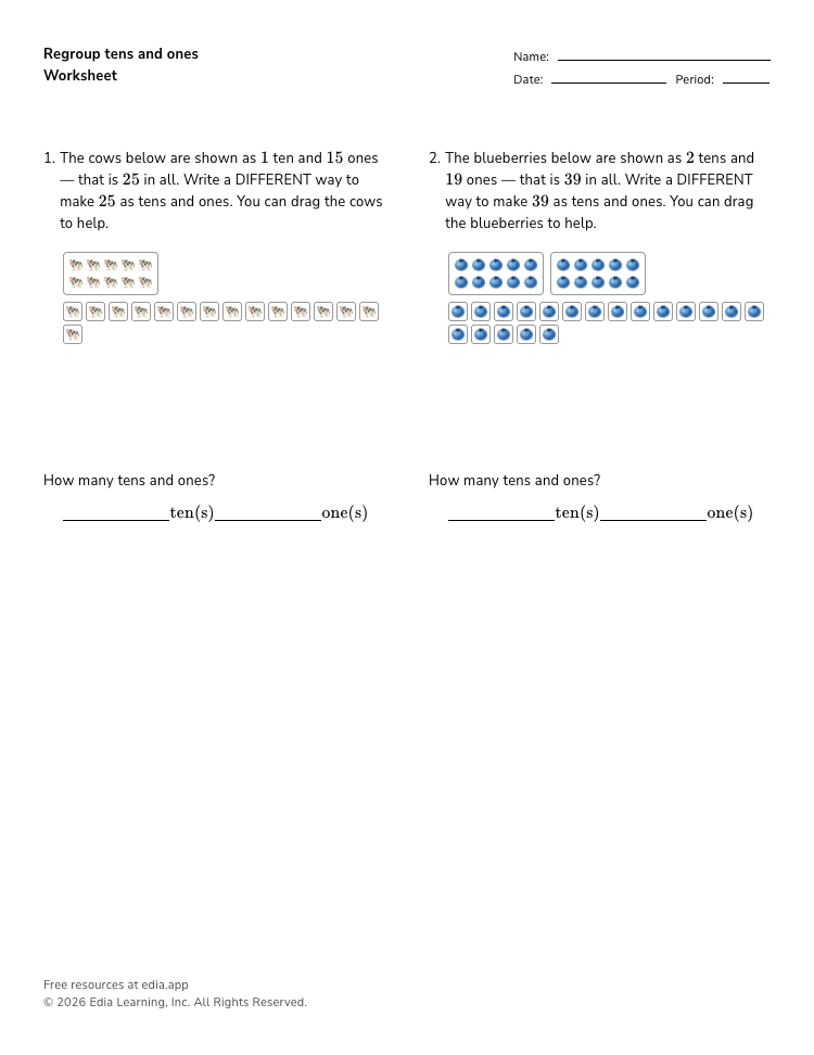 Regroup tens and ones Worksheet · Grades K-2 · Edia