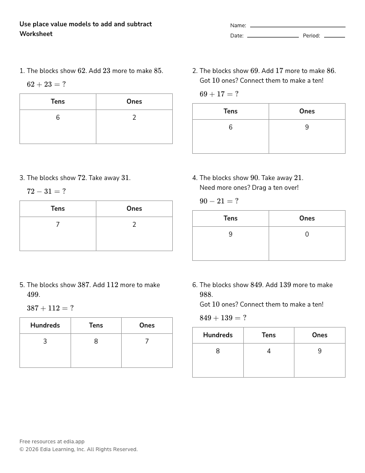 Use place value models to add and subtract Worksheet · Grades K-2 · Edia
