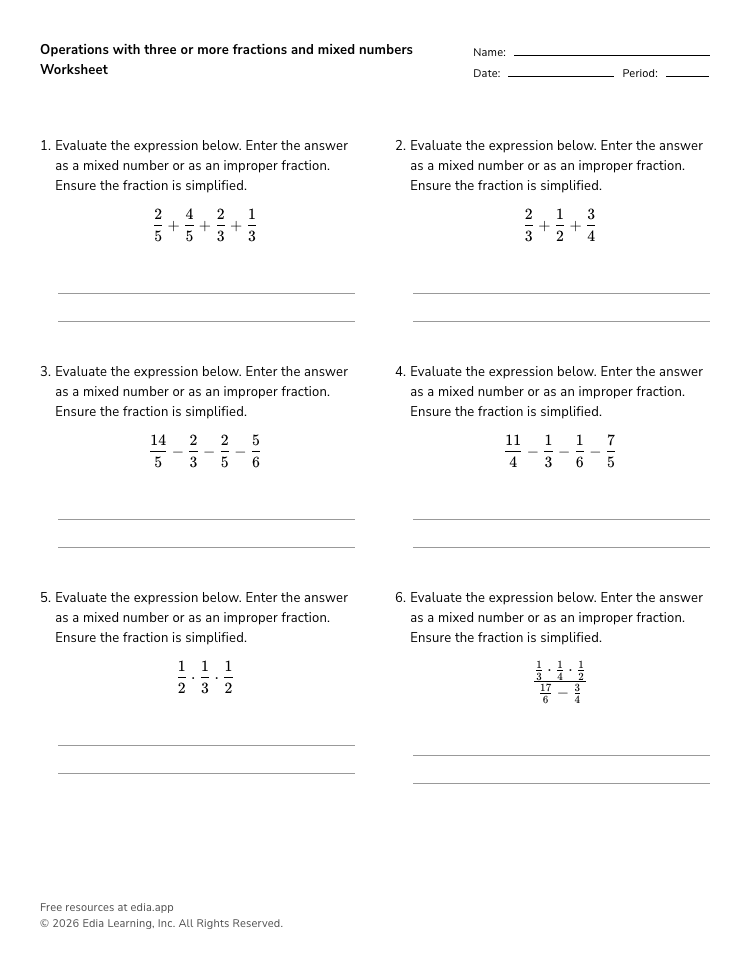 Operations with three or more fractions and mixed numbers Worksheet ...