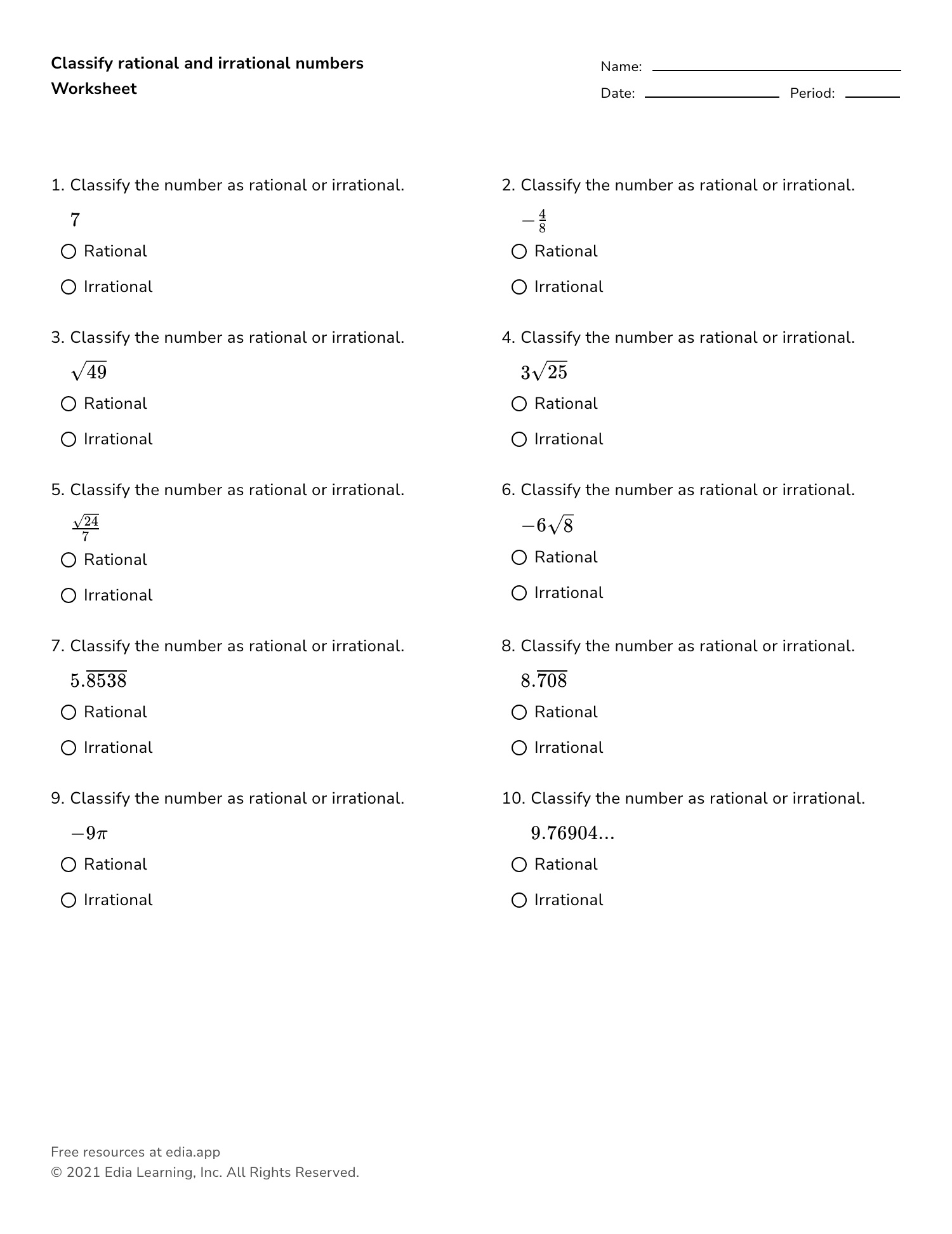 Classify Rational And Irrational Numbers - Worksheet Inside Rational Or Irrational Worksheet