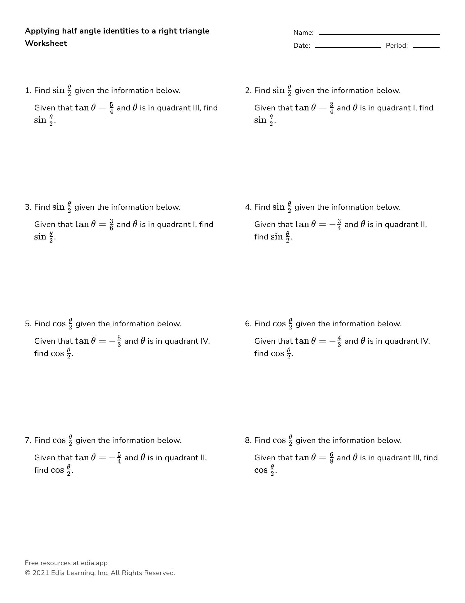 Applying Half Angle Identities To A Right Triangle - Worksheet With Regard To Double Angle Identities Worksheet