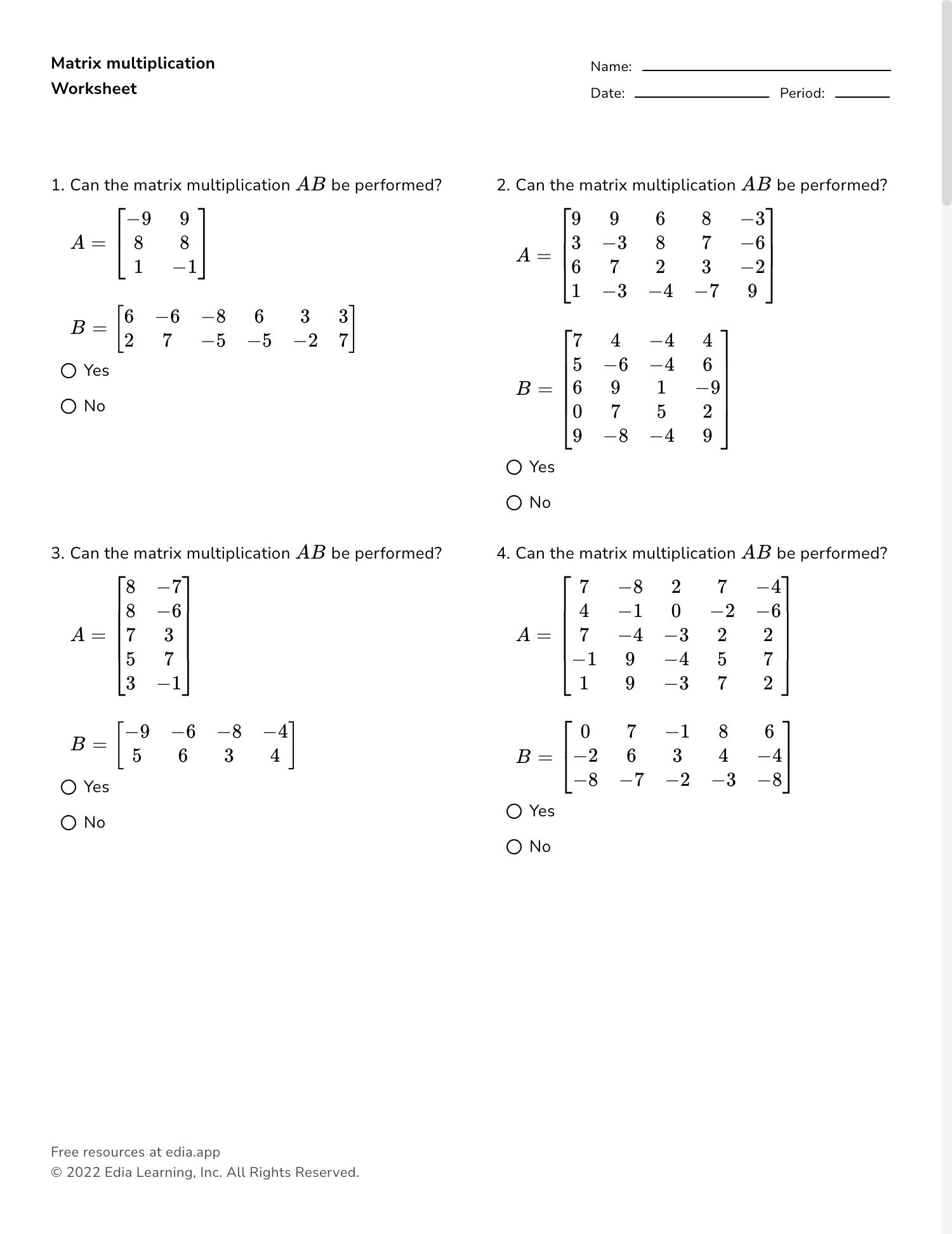 Multiplying Matrices Worksheet Worksheets For Kindergarten