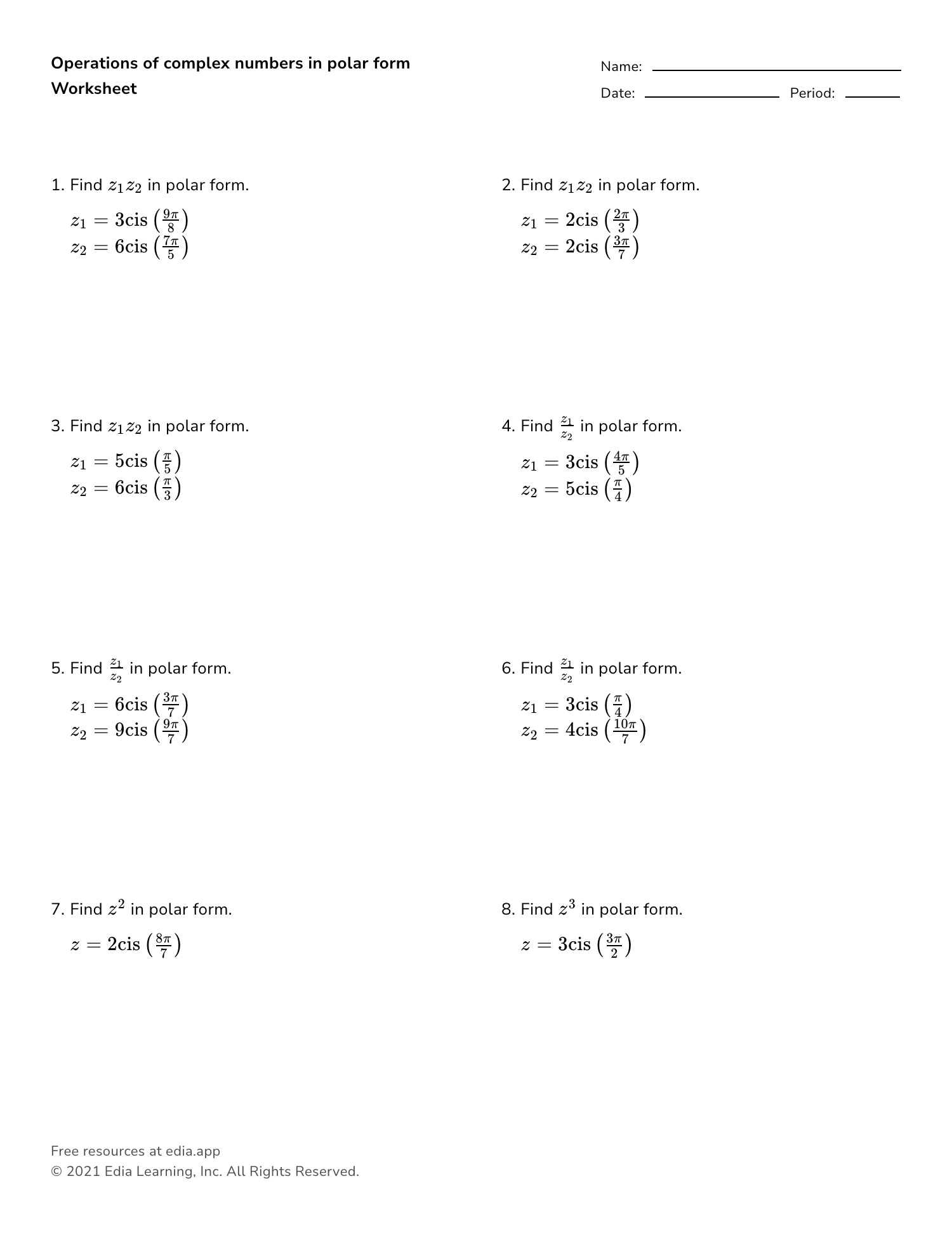 Operations Of Complex Numbers In Polar Form - Worksheet Pertaining To Operations With Complex Numbers Worksheet