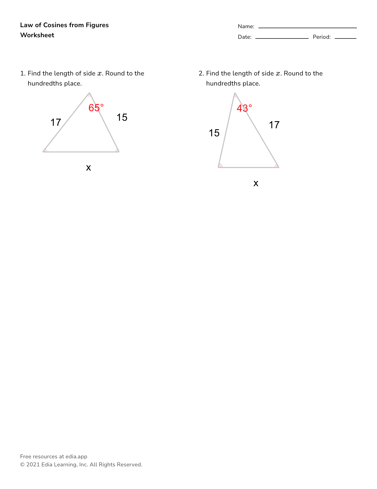 Law Of Cosines Worksheet